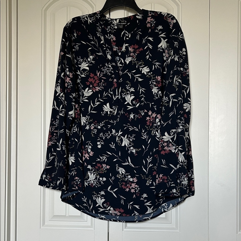 Hilary Radley Navy Floral Long-Sleeve Blouse with Pink & White Accents